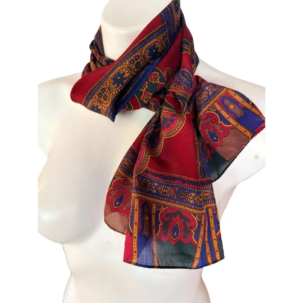 Vintage Liz Claiborne Silk Paisley Scarf 1980s Burgundy Navy Blue Green 11x52